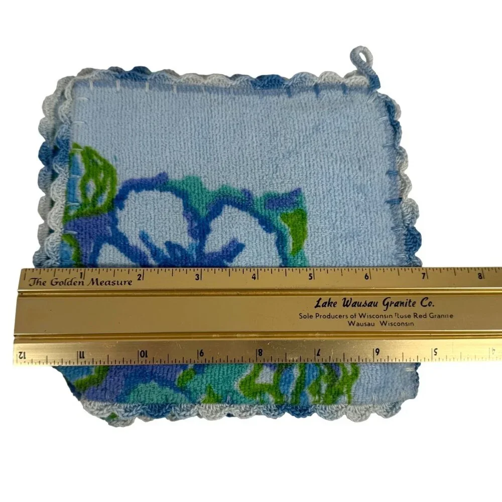 Set Of 2 1970s Floral Blue Green Potholders Crochet Trim Handmade Granny Core